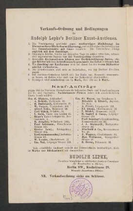 Verkaufs-Ordnung und Bedingungen für Rudolph Lepke's Berliner Kunst-Auctionen