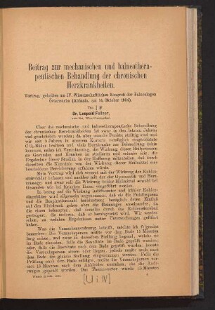 Beitrag zur mechanischen und balneotherapeutischen Behandlung der chronischen Herzkrankheiten : Vortrag, gehalten am IV. wisschaftlichen Kongreß der Balneologen Österreichs (Abbazia, am 14. Oktober 1904)
