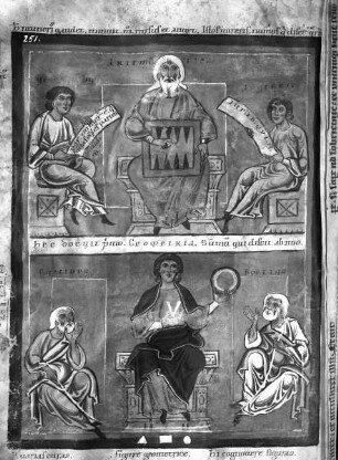 Petrus Comestor, Historia Scholastica — Zwei halbseitige Miniaturen von Freien Künsten, Folio 4verso