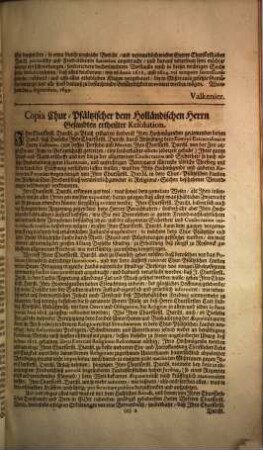 Proposition deß Holländischen Herrn Abgesandtens, von Valkenier, an Seine Churfürstl. Durchl. zu Pfaltz, vom 4. Septembris 1699.