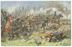 Das 1. kgl. sächsische Jägerbataillon Nr. 12 bei Saint Privat am 18. August 1870: stürmende sächsische Jäger mit Standarte, zwei Offiziere führen, im Vordergrund tote und verwundete Soldaten
