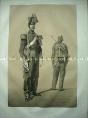 Uniformdarstellung, Kanoniere der Reitenden Artillerie bzw. der Artillerie zu Fuß, Frankreich, 1859. Tafel 45 im Buch: Armand-Dumaresq: Uniformes de l'Armée Française.