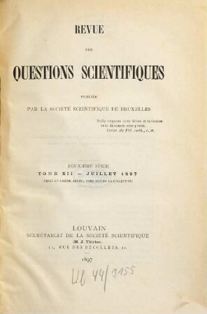 Revue des questions scientifiques. 42 = A. 21. 1897