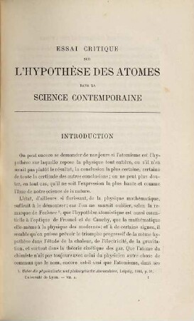 Essai critique sur l'hypothèse des atomes : dans la science contemporaine
