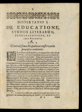 Dissertatio I. De Educatione, Studiis Literarum, Peregrinatione, Et Cura Religionis.