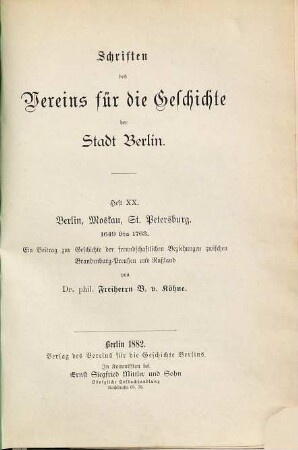 Schriften des Vereins für die Geschichte Berlins. 20. 1882