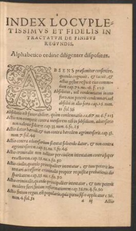 Index Locupletissimus Et Fidelis In Tractatum De Finibus Regundis, Alphabetico ordine diligenter dispositus.