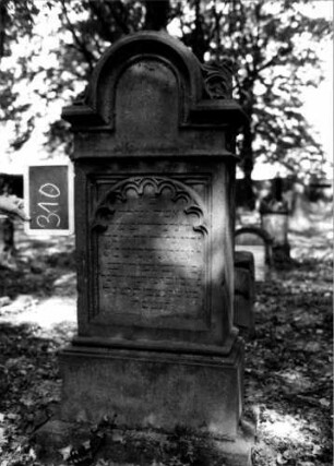 Grabstein 310 (Index: 100111996) Material: Sandstein Zustand: leicht verwittert Maße HxBxT: 2140x59x33 cm Beschreibung: Stele, profilierter Sockel, eingezogener Rundbogenabschluß mit Eckakroteren, Schriftfeld eingetieft mit Rundbogenabschluß Symbolik: Ranken, Rundbogenfries: Grabstein 310