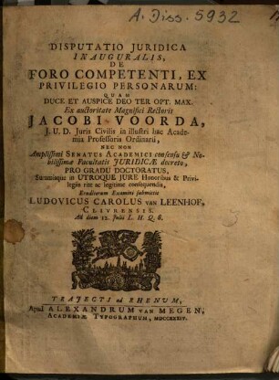 Disputatio Iuridica Inauguralis, De Foro Competente, Ex Privilegio Personarum