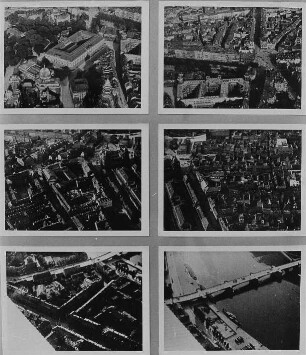 Ausstellungstafel mit Szenen aus dem Dokumentarfilm "Flugbetrieb auf dem Flughafen Dresden-Kaditz" 1925 (Luftaufnahmen vom Stadtzentrum). Dresden, Galerie Nord. Ausstellung "Borchert, Christian, Dresden - Bilder aus Dokumentarfilmen 1913–1949"