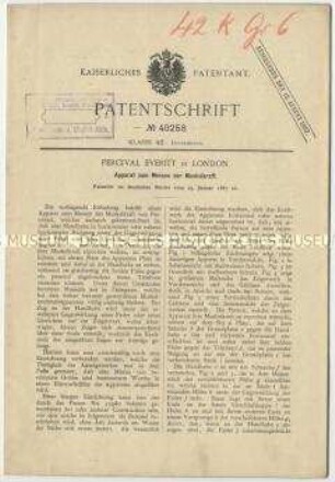 Patentschrift eines Apparates zum Messen der Museklkraft Patent-Nr. 40258