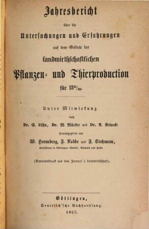 Jahresbericht über die Untersuchungen und Erfahrungen auf dem Gebiete der landwirthschaftlichen Pflanzen- und Thierproduction, 1865/66 (1867)