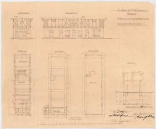 Kranken- und Siechenhaus, Brüssow Gültiger Ausführungsentwurf. Wirtschaftsgebäude: Giebel und Vorderansicht 1:100, Grundriss 1:100, Schnitt 1:100 (von Inv.Nr. 5675)