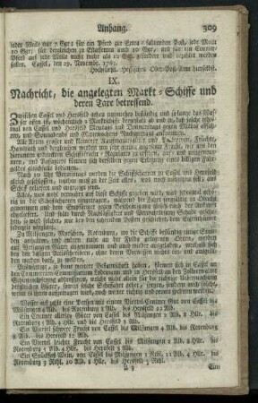Nachricht, die angelegten Markt-Schiffe und deren Taxe betreffend