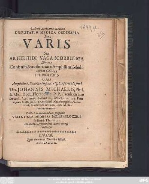 Disputatio Medica Ordinaria De Varis Seu Arthritide Vaga Scorbutica