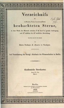 Verzeichniss der von Bradley, Piazzi, Lalande und Bessel beobachteten Sterne, 5. 1835