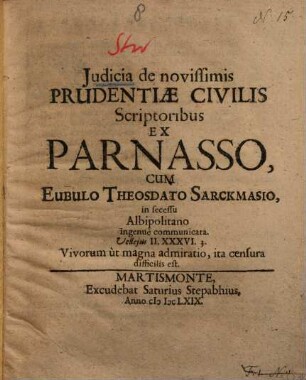 Judicia de novissimis prudentiae civilis scriptoribus ex Parnasso