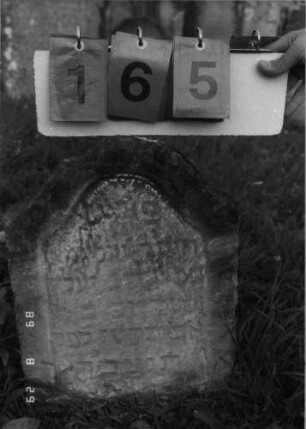 Grabstein 165 (Index: 100107442) Material: heller Sandstein Zustand: stark verwittert, teilweise Textverlust Maße HxBxT: 43x33x9 cm Beschreibung: Stele mit Konvexbogenabschluß, Schriftfeld eingetieft Besonderheit: Kindergrab: Grabstein 165