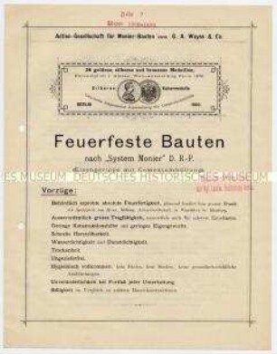 Feuerfeste Bauten nach "System Monier" D.R.-P. (Eisengerippe mit Zementumhüllung), Stampfbetonbauten, Röhren nach System Monier, Hartgipsdielen