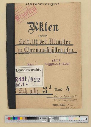Beitritt von Reichsministern zu Ehrenausschüssen und Schirmherrschaften: Bd. 4