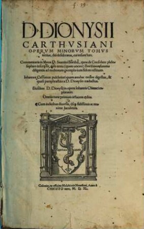 D. Dionysii Carthvsiani Opervm Minorum Tomus ..., 3