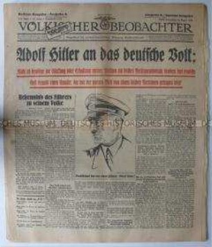 Titelblatt der Tageszeitung "Völkischer Beobachter" zur bevorstehenden Volksabstimmung über die Übernahme des Amtes des Reichspräsidenten durch Hitler