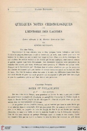 1: Quelques notes chronologiques sur l'histoire des Lagides, [1] : Lettre adressée à M. Henri Brugsch-Bey
