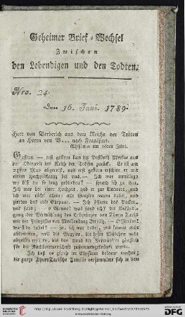Geheimer Brief-Wechsel zwischen den Lebendigen und den Todten Nro. 24