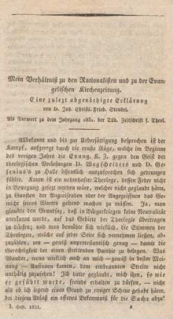 I-XLVII Mein Verhältniß zu den Rationalisten und zu der Evangelischen Kirchenzeitung : eine zuletzt abgenöthigte Erklärung : ein Vorwort zu dem Jahrgang 1831 der Tübinger Zeitschrift für Theologie