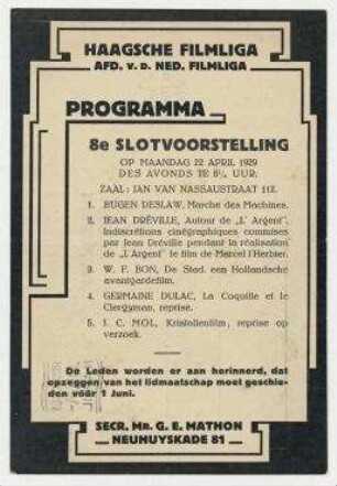 Einladungskarte (Postkarte) der Haagschen Filmliga an Til Brugman. 's-Gravenhage