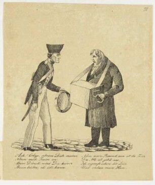 Humoristische, satirische Darstellung, Napoleon-Karikatur: Leierkastenmann und Soldat mit Tamburin