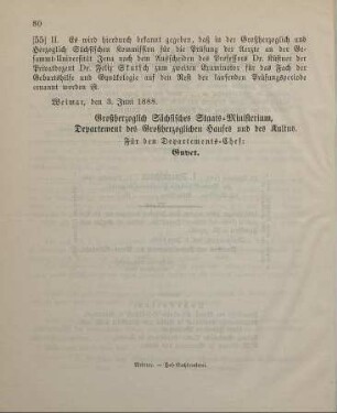 55. Ministerial-Bekanntmachung, den Wechsel in der Großherzoglich und Herzoglich Sächsischen Kommission für die Prüfung der Aerzte an der Gesammt-Universität Jena betreffend