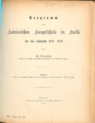Programm der Lateinischen Hauptschule in Halle : für d. Schuljahr ..., 1878/79
