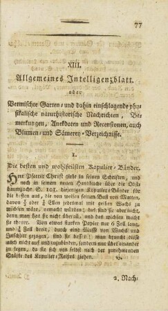 XIII. Allgemeines Intelligenzblatt oder Vermischte Garten- und dahin einschlagende physikalische naturhistorische Nachrichten, Bemerkungen, Anekdoten und Recensionen, auch Blumen- und Sämerey-Verzeichnisse