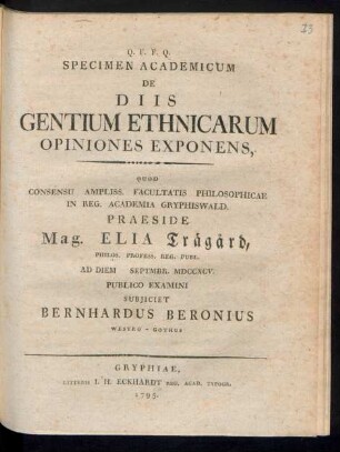 Specimen Academicum De Diis Gentium Ethnicarum Opiniones Exponens