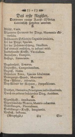 Das erste Register, Darinnen einige Kunst-Wörter Lateinisch gegeben werden