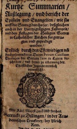 Kurze Summarien ... der Episteln und Evangelien