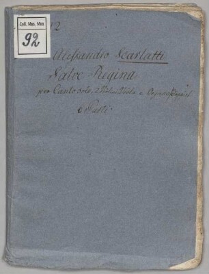 Salve regina, S, vl (2), vla, org, c-Moll - BSB Coll.mus.Max. 92 : [title page, org:] Salve Regina Canto solo // Con VV. // Del Sig. Allesandro Scarlatti