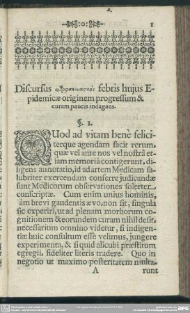 Discursus paraskefasikas febris huius Epidemicae originem progressum & curam paucis indagans