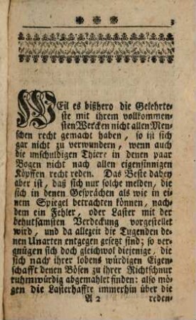 Die redende Thiere über Menschliche Fehler und Laster : Bey Ruhigen Stunden Lustig und nützlich zu lesen, Neuntes Gespräch. Zwischen Einem Sperling und Einer Katze