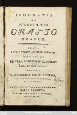 Isocratis Ad Nicoclem Oratio Graece