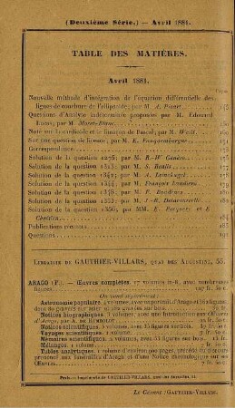 Tables des matières. Avril 1881.