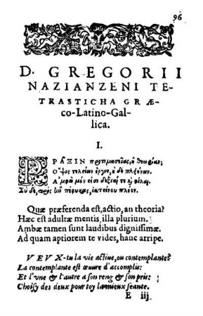 D. Gregorii Nazianzeni Tetrasticha Græco-Latino-Gallica.