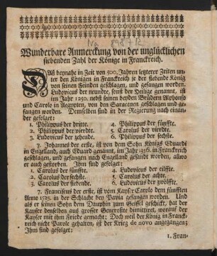 Wunderbare Anmerckung von der unglücklichen siebenden Zahl der Könige in Franckreich