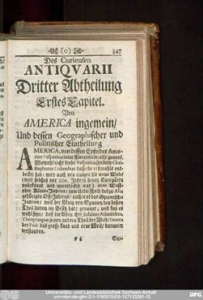 Erstes Capitel. Von America ingemein, Und dessen Geographischer und Politischer Eintheilung