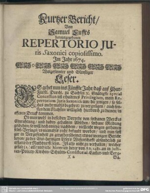 Kurtzer Bericht, Von Samuel Luffts herausgegebenen Repertorio Juris Saxonici copiosissimo