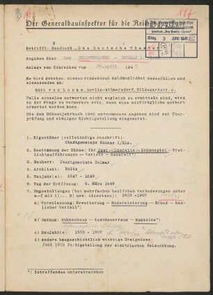 Stadttheater, Kolmar: Fragebogen für das Handbuch »Das Deutsche Theater«, vierseitiges Dokument
