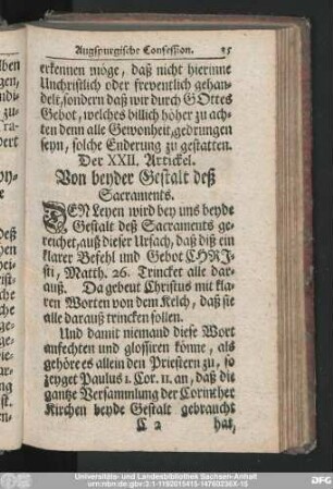 Der XXII. Artickel. Von beyder Gestalt deß Sacraments.