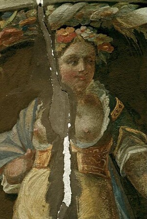 Ceres, gerahmt von zwei Korngarben, Blumen und Störchen