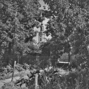 Blick aus einem Gartengrundstück auf die Lübbenauer Nikolaikirche.